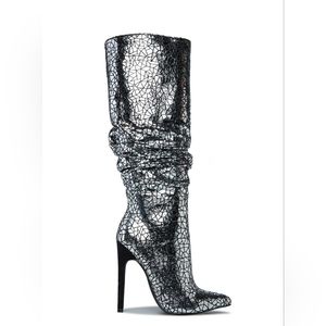 Shoe Dazzle Beckey boots, silver, black, stiletto heel, knee high, ruched, 8.5